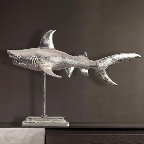 Rootz Decorative Shark Figure - Modern Statue - Unique Handmade Sculpture - Silver Aluminum - 70cm x 49cm x 27cm