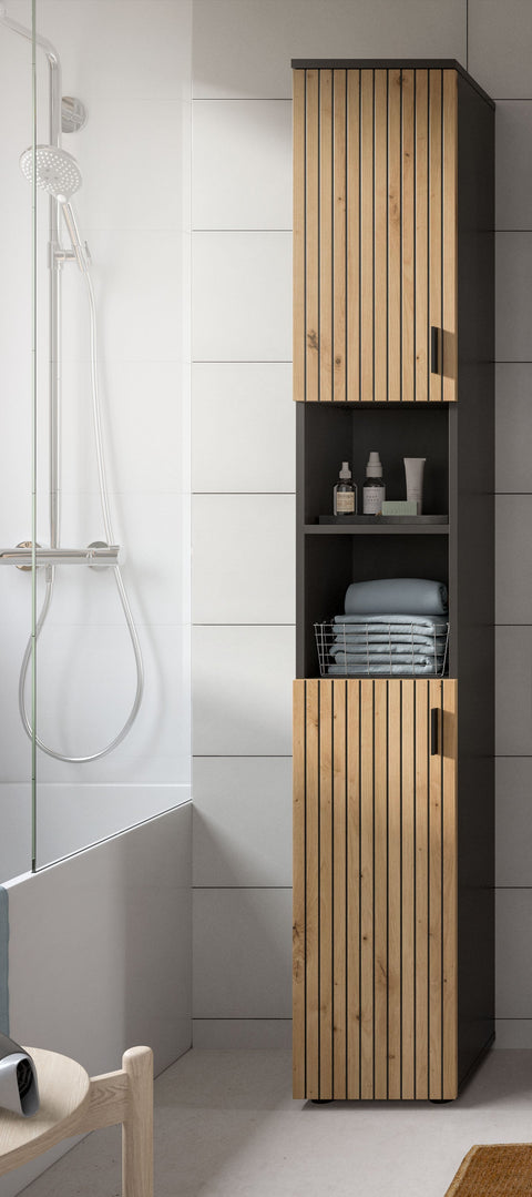 Rootz Bathroom Cabinet - Storage Organizer - Space Saver - Grey & Brown Look - Reversible Door - 30x192x30 cm