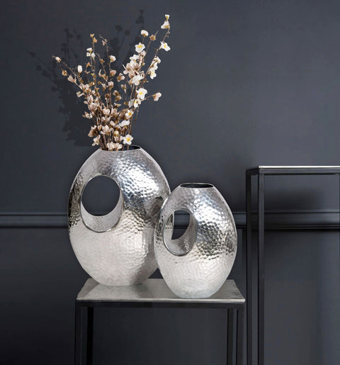 Rootz Decorative Vase Set - Modern Design Vases - Silver Hammered Structure - Handcrafted Unique - 29x39x16.5cm & 22x31x15cm
