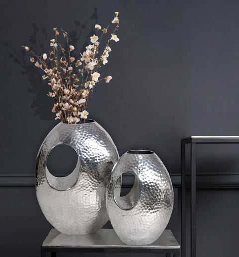 Rootz Decorative Vase Set - Modern Design Vases - Silver Hammered Structure - Handcrafted Unique - 29x39x16.5cm & 22x31x15cm