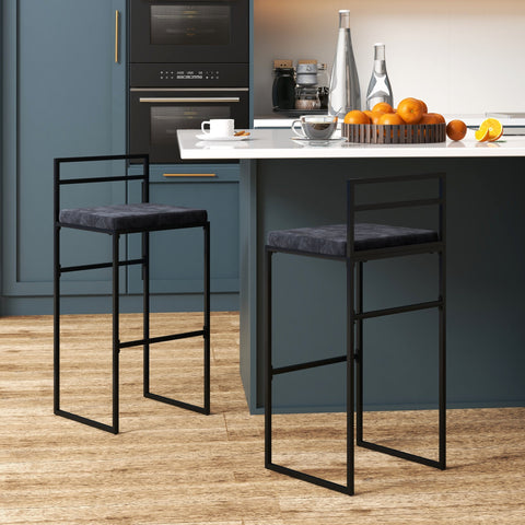 Rootz Set of 2 Velvet Bar Stools - High Chairs - Kitchen Stools - Comfortable Footrest - 42W x 40D x 91H cm - Black
