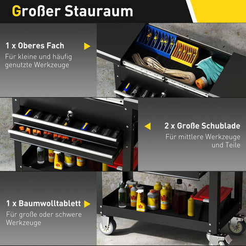 Rootz Rolling Tool Cabinet - Tool Box with Drawers - Storage Organizer - Mobile Workbench - Lockable Steel - 77.5-130L x 38W x 80H cm