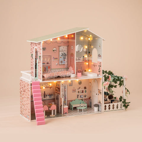 Rootz Spring Garden Cabin Wooden Dollhouse - Miniature Home - Kids Playhouse - 25+ Lifelike Accessories - Educational & Safe - 60cm x 30cm x 70cm - 100% Real Wood