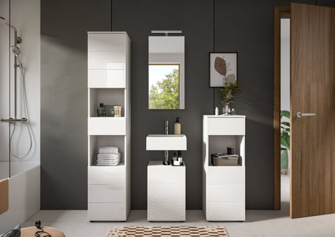 Rootz 5-Piece Bathroom Set - Vanity Unit - Tall Cabinet - High Gloss - Easy Clean - 144cm x 190cm x 34cm