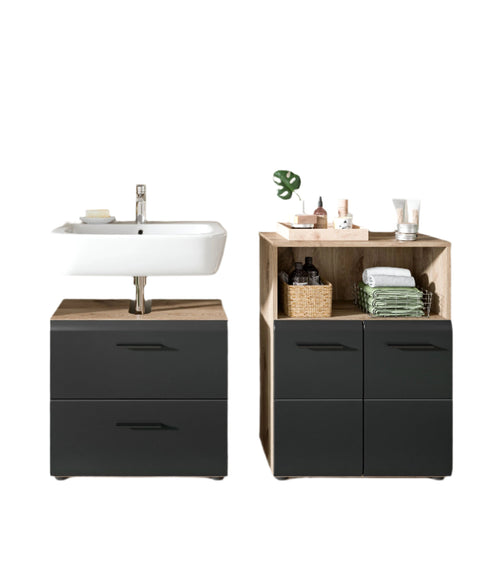 Rootz Modern 3-Piece Bathroom Set - Vanity Unit, Mirror Cabinet, Storage - Easy Assembly - 135cm x 185cm x 30cm - Black and Brown