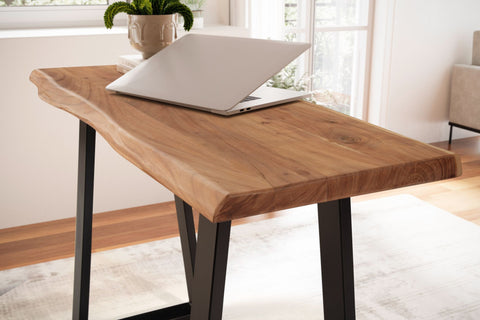 Rootz Modern Design Office Desk - Solid Wood Table - Tree Edge - Trapezoidal Metal Legs - Handmade - Acacia Wood - 118cm x 41cm x 76.5cm