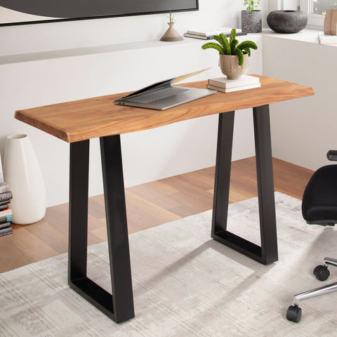 Rootz Modern Design Office Desk - Solid Wood Table - Tree Edge - Trapezoidal Metal Legs - Handmade - Acacia Wood - 118cm x 41cm x 76.5cm