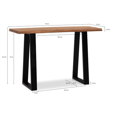Rootz Modern Design Office Desk - Solid Wood Table - Tree Edge - Trapezoidal Metal Legs - Handmade - Acacia Wood - 118cm x 41cm x 76.5cm
