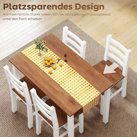 Rootz Dining Group Set - Dining Table - 4 Chairs - Space-Saving - Pine Wood - Brown+White - Table 108cm x 77cm; Chair 42cm x 46cm x 86cm