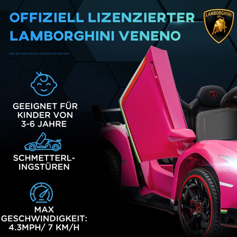 Rootz Electric Children's Car - Licensed Lamborghini Veneno - Kids Ride-On Car - Wing Doors - Music Player - Remote Control - 111cm x 61cm x 45cm - Pink