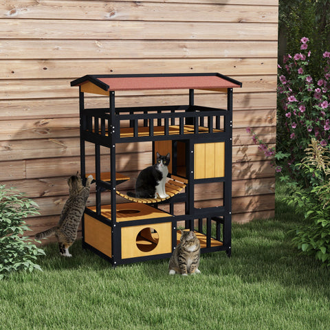 Rootz Cat House - Cat Paradise - Feline Retreat - 4-Level Fun - Fir Wood - 84cm x 60cm x 116cm