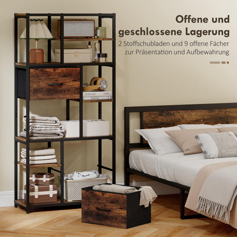 Rootz Storage Shelf - Bookcase - Freestanding Organizer - 2 Fabric Drawers, 9 Compartments, Sturdy Steel Frame, Rustic Brown+Black, 72.5x30x150 cm