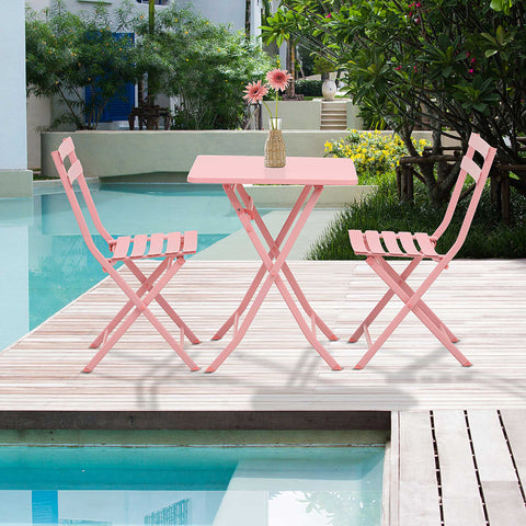 Rootz Foldable 3-Piece Garden Set - Bistro Furniture - Outdoor Dining - Powder-Coated Metal - 60x60x71cm Table & 2 Chairs - Pink