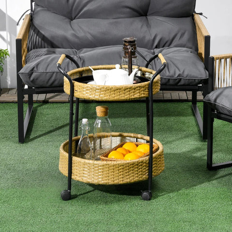 Rootz Outdoor Serving Trolley - 2 Tier Brakes - Polyrattan - Metal Frame - Steel-PE Rattan - Yellow-Black - Φ50 x 66H cm