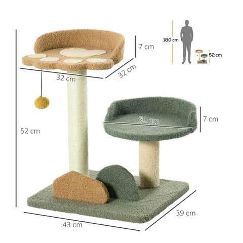 Rootz Small Scratching Post - Cat Scratcher - Feline Play Tower - Ultimate Comfort - Double Beds - Ball Toys - 43W x 39D x 52H cm