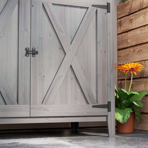 Rootz Wooden Garden Cabinet - Outdoor Storage Unit - Weatherproof Tool Shed - Barn Design -  Grey - 110cm x 60cm x 88.5cm