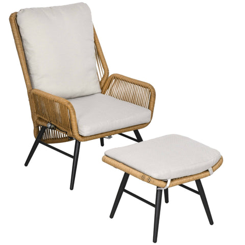 Rootz Polyrattan Garden Chair and Stool Set - Outdoor Furniture - Patio Seating - Adjustable Backrest - Weatherproof - Non-Slip Feet - 67W x 83D x 94H cm (Chair), 57W x 45D x 42H cm (Stool)