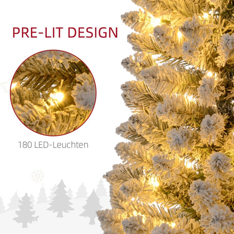 Rootz Snow-Covered Artificial Christmas Tree - Pre-Lit Xmas Tree - Warm White LED Lights - Slim Shape - Ø57cm x 210cm
