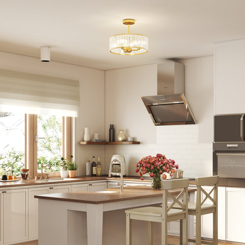 Rootz Ceiling Lamp - Chandelier Style - Crystal Pendant Light - 3 Bulbs - Metal Goldtone Finish - Ø39 x 32cm - Adds Glamour and Elegance