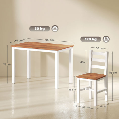 Rootz Dining Group Set - Dining Table - 4 Chairs - Space-Saving - Pine Wood - Brown+White - Table 108cm x 77cm; Chair 42cm x 46cm x 86cm