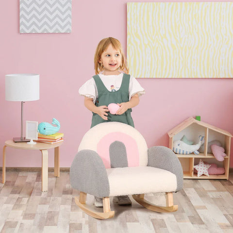 Rootz Rocking Chair For Toddlers - Cute Design - Imitation Sheepskin - Eucalyptus Wood - Grey + Pink + Cream - 50 x 45 x 44cm