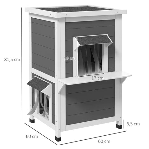 Rootz Cat House - Two Levels - Outdoor - Weatherproof - Fir Wood - White + Gray - 60 cm x 60 cm x 81.5 cm