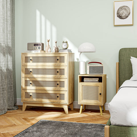 Rootz 4 Drawer Chest of Drawers - Storage Furniture - Rattan Front - Elegant Light Wood - 80cm x 35cm x 95cm