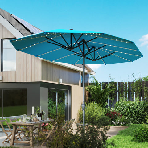 Rootz Double Umbrella - Terrace Sunshade - Blue Parasol - Solar Lights, UV-Resistant, UPF50+ Protection - 451cm x 267cm x 249cm