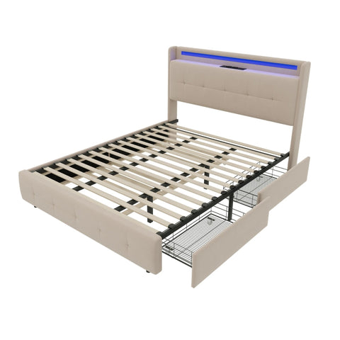 Rootz Double Bed - Guest Bed - Sleep Solution - USB Charging & LED Comfort - 222cm x 168.5cm x 113cm - Beige