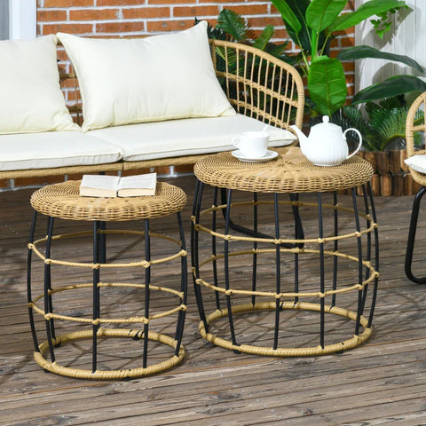 Rootz Set of 2 Garden Table - Balcony Table - Side Table - Boho Style - Weather Resistant - Black + Khaki - Ø58 x 53Hcm