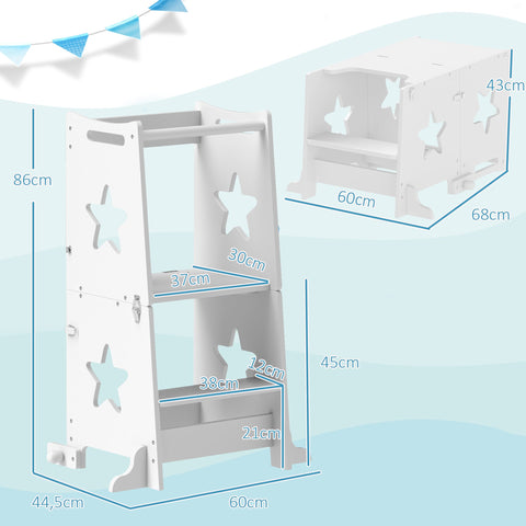 Rootz Children Learning Tower Stand - Kids Step Stool - Convertible Furniture - Safe EN71 Standards - 60 x 44.5 x 86 cm White
