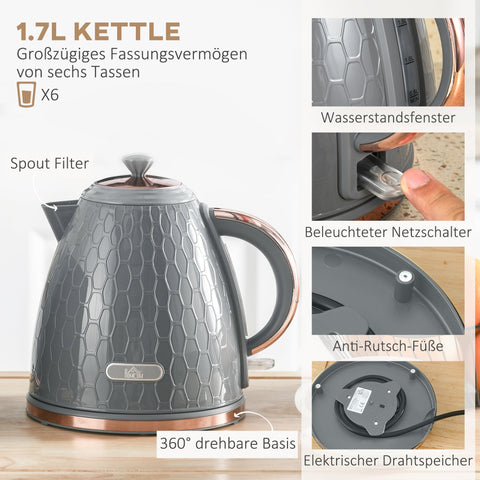 Rootz Kitchen Set - Toaster & Kettle Combo - Breakfast Appliances - Grey - 1.7L Quick Cook - 24.2x19.5x23.4cm Kettle, 27.6x18.9cm Toaster