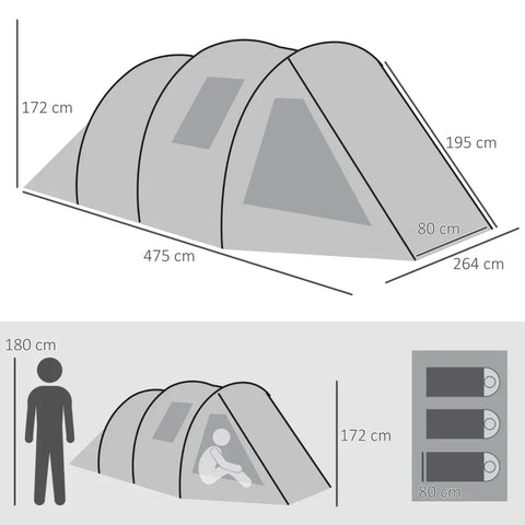 Rootz Camping Tent for 3-4 Persons - Tunnel Tent - Two Interiors - Mesh Windows - Green - 4.75 x 2.64 x 1.72 m