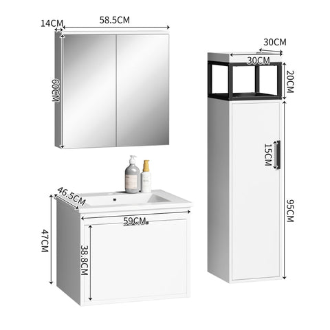 Rootz 3 Piece Bathroom Furniture Set - Bathroom Mirror Cabinet - Washbasin Unit - Soft Close Drawers - MDF - Elegant White - 59x46.5x47cm, 58.5x14x60cm, 120x30x30cm