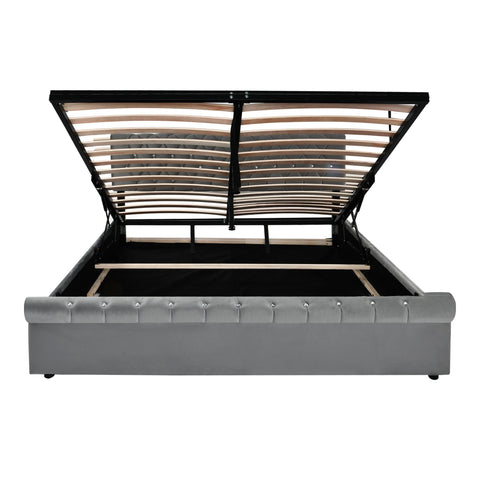 Rootz Upholstered Bed - Height-Adjustable Headboard - Slatted Frame - Comfort Back Support - 219cm x 169cm x 92/97/105cm - Grey Velvet