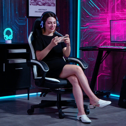 Rootz Gaming Chair with Footrest - Computer Chair - Ergonomic Seat - Stress-Reducing - 62cm x 107cm x 99cm - Black/White