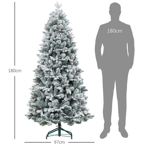 Rootz Artificial Snow Christmas Tree - Indoor Xmas Tree - Pine Cones - Hinged Construction - Flame Retardant - Green - Ø97cm x 180cm