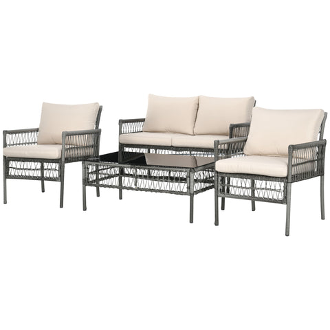 Rootz 4-Part Garden Furniture Set - Outdoor Sofa - Rattan Look with Cushions - Comfort & Style - Sofa 116x72x81cm, Armchair 62x72x81cm, Table 100x54x42cm