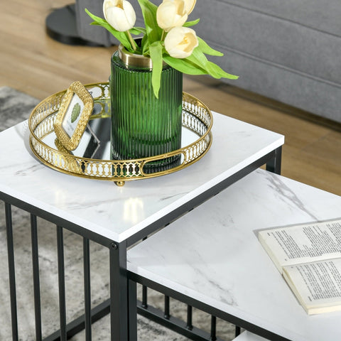 Rootz 2 Piece Marble Coffee Table Set - Modern Side Tables - Elegant Bedside Tables - Space-Saving Design - 45x40x52cm & 60x39.5x45.5cm