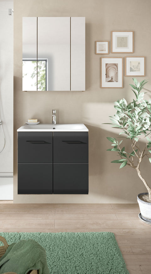 Rootz 3-Piece Bathroom Set - Vanity Unit - Mirror Cabinet - Space-Saving - Dimensions 60x185x46 cm - Black, Brown Finish