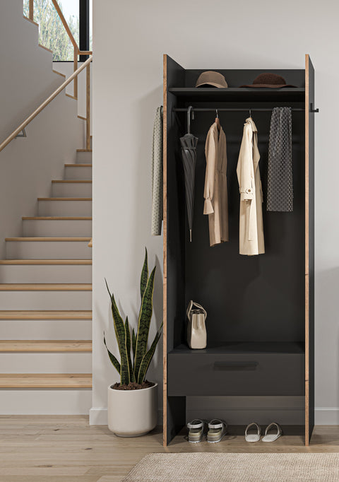 Rootz Wardrobe - Closet - Storage Unit - Saves Space - 70x189x37 cm - Black
