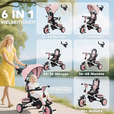 Rootz Children's Director Buggy - Stroller - 6-in-1 Tricycle - Adjustable & Foldable - 111.5cm x 98cm - Pink and Black- Enhances Child-Parent Bonding