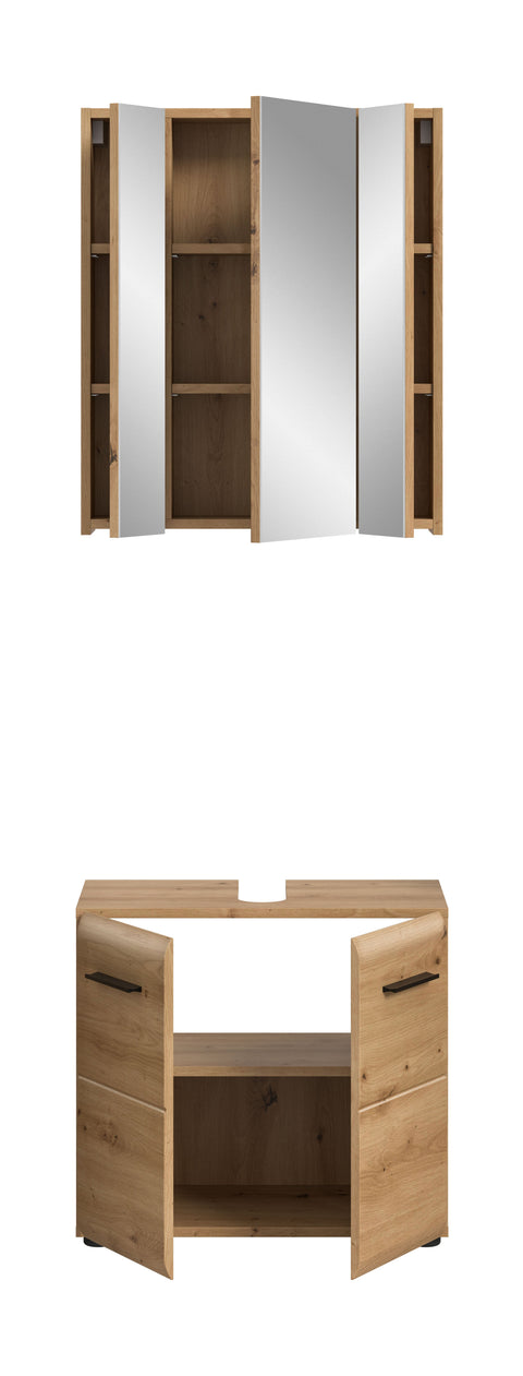 Rootz 2 Piece Set Bathroom Combo - Vanity & Mirror Cabinet - Brown Finish - Space Saver - 60x185x30 cm