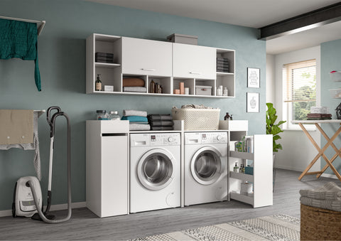 Rootz Laundry Room Storage Set - Washer Conversion Kit - White Cabinet System - Ample Storage - 190x195x60 cm