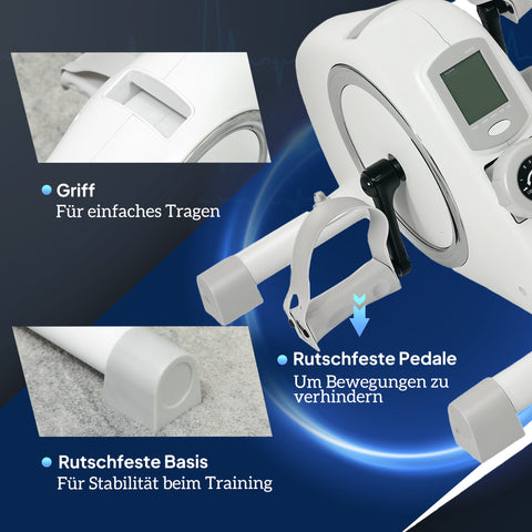 Rootz Mini Home Trainer - Under-the-Desk Foot Pedal - Arm & Leg Exercises - 8 Resistance Levels - Steel, White - 48cm x 43cm x 31cm