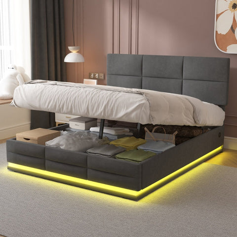Rootz Modern Double Bed - Space Gray Velvet - LED Light Bed - USB Charging Bed - Ample Storage - 208.5cm x 144cm x 105-115cm