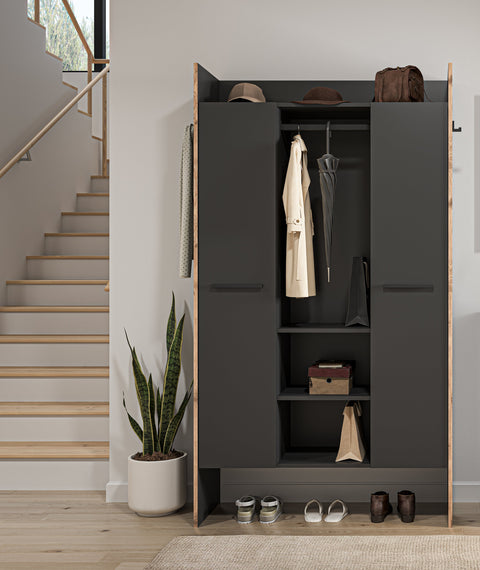 Rootz Wardrobe - Clothes Storage - Organizer - Modern Style - Black - 105x189x37cm