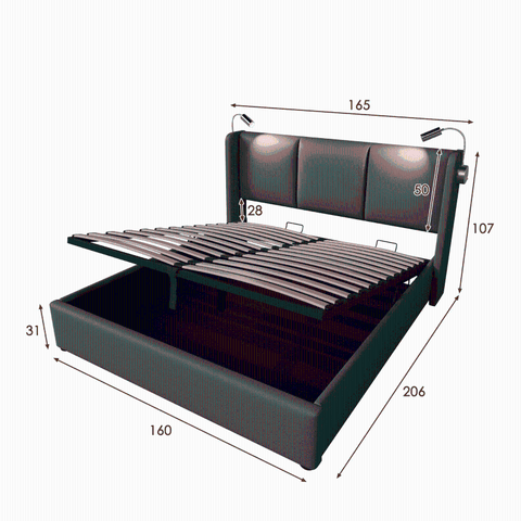 Rootz Double Bed with Storage - Spacious Bed - Cozy Sleeping - Integrated Reading Lamp - Solid Wood - 206L x 165W x 107H cm