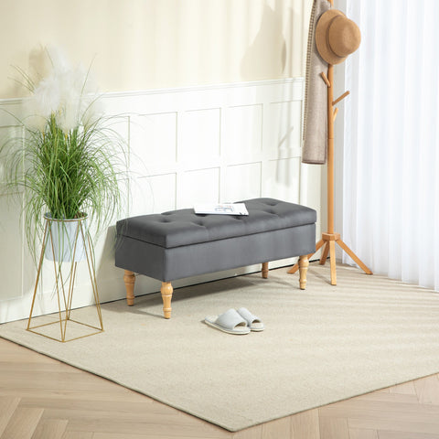 Rootz Storage Stool - Velvet Bank - Padded Seat - 38L Hidden Storage - 102cm x 38cm x 41cm - Chic  Grey Design with Brown Legs