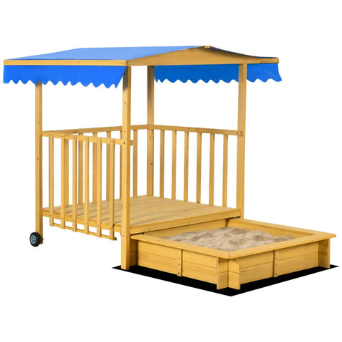 Rootz Sandpit - Sandpit With Playhouse - Sandpit With Roof - Children's Sandpit - Fir Wood - Natural + Blue - 133 x 129 x 137.5 cm